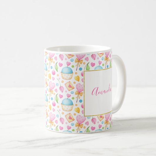 Mug Motif d'aquarelle douce Coeurs et Cupcakes (Devant droit)