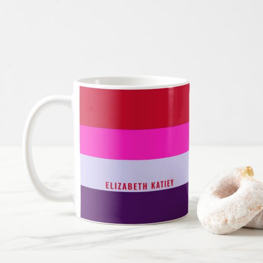 Mug Motif de bandes rouge, rose et violet (Avec donut)