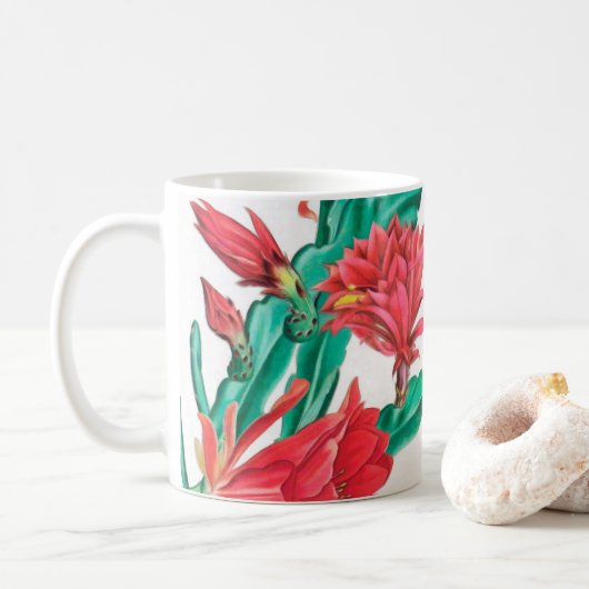 Mug Motif de cactus à fleurs rouges vertes (Avec donut)