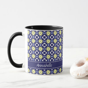 Mug Motif de carreau floral jaune bleu méditerranéen