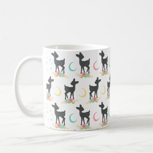 Mug Motif de cerfs, Cerf de bébé, Boho, Fleurs, Lune (Gauche)