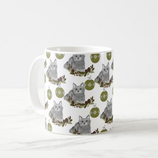 Mug Motif de chat gris avec ornements verts (Devant gauche)