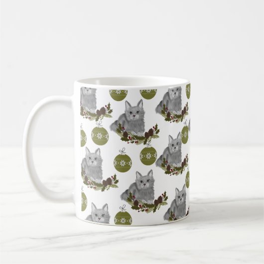 Mug Motif de chat gris avec ornements verts (Gauche)