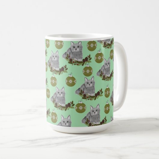 Mug Motif de chat gris avec ornements verts (Devant droit)