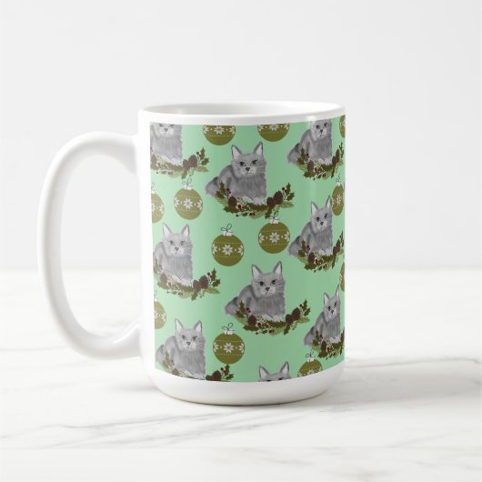 Mug Motif de chat gris avec ornements verts (Gauche)