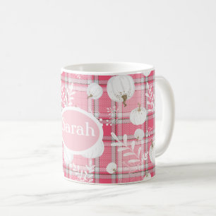 Mug motif de chute rose et blanc avec citrouilles et n