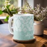 Mug Motif de Damas Vintage bleu glace avec finition gr<br><div class="desc">Un motif vintage avec tableau de bord et dentelle. Regardez de près les fleurs et les feuilles.Un design tendance avec les couleurs de bijoux et l'élégance. Les éléments sont plus faciles à customiser lorsque vous remplacez tout le texte et les photos en premier. Si votre art doit encore être ajusté,...</div>