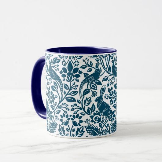 Mug Motif de faisan et lièvre, blanc et bleu foncé (Devant gauche)