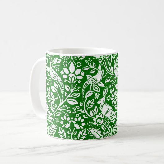 Mug Motif de faisan et lièvre, vert émeraude et blanc (Devant gauche)