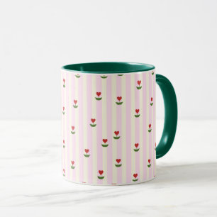 Mug Motif de fleur en forme de cœur doux – Rayures ros