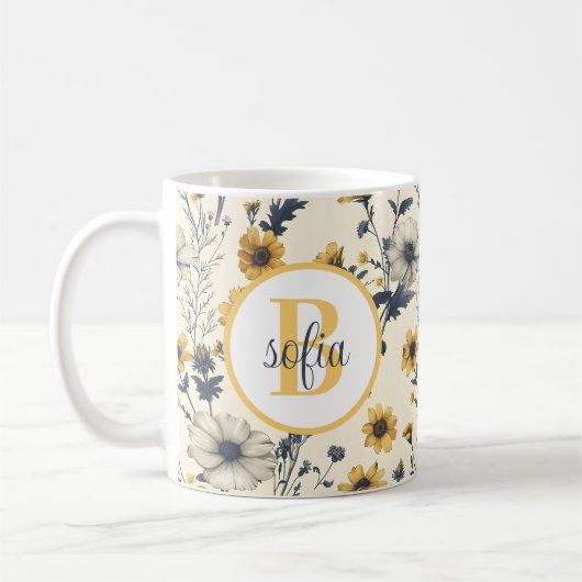 Mug Motif de fleurs colorées Monogramme jaune (Gauche)