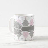 Mug Motif de Jacquard rose et gris monogramme (Devant gauche)