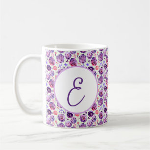 Mug Motif de monogramme de fleurs aquarelles violettes