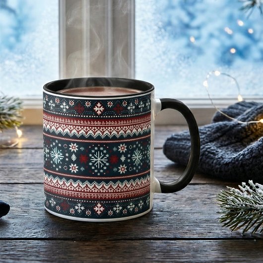 Mug Motif de pull de Noël à flocon de neige rouge et b