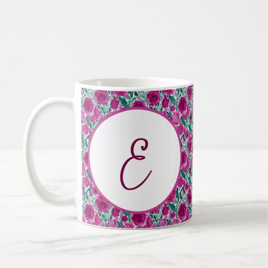 Mug Motif de roses roses profondes monogramme (Gauche)