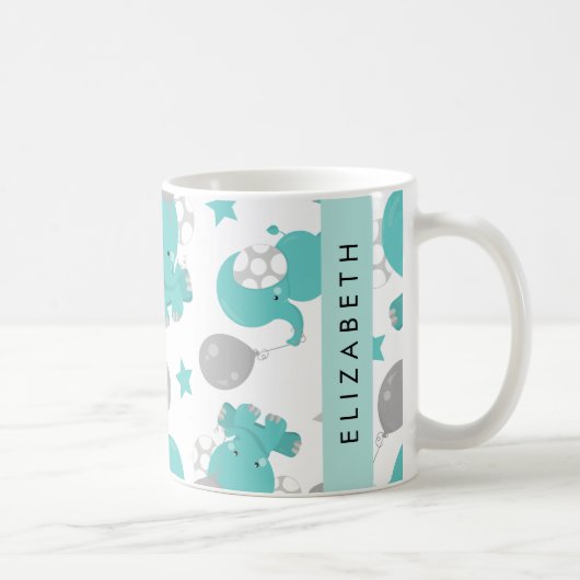 Mug Motif Des Eléphants Bleus, Étoiles, Votre Nom (Droite)