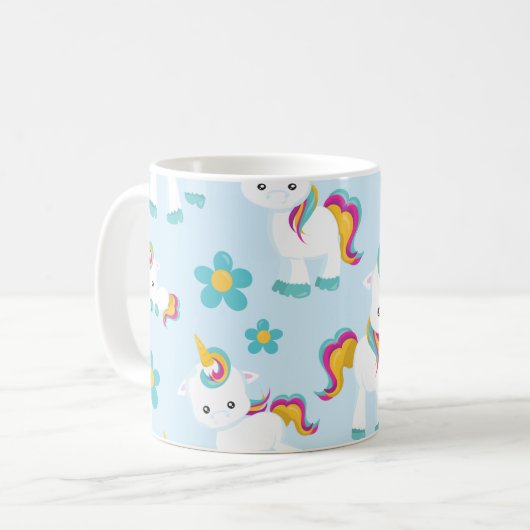 Mug Motif D'Unicornes, De Mignons Unicornes, Fleurs (Devant gauche)