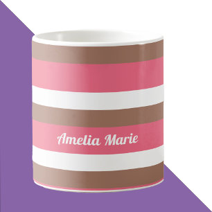 Mug Motif en bande Mocha Brown rose blanc Personnalise