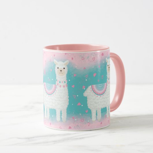 Mug Motif en lama rose et menthe (Devant droit)