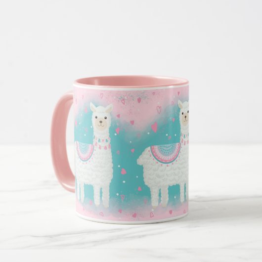 Mug Motif en lama rose et menthe (Devant gauche)
