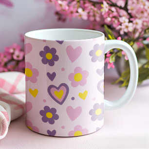 Mug Motif Fleurs Rétro Cœurs Rose, Violet, Jaune