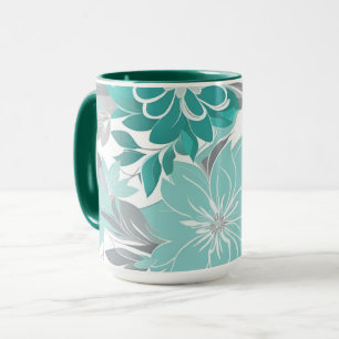 Mug Motif Floral, Aqua, Turquoise, Turquoise et Gris