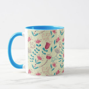 Mug Motif floral avec des chats de bande dessinée
