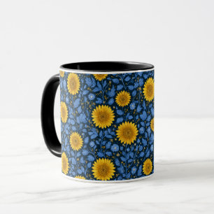 Mug Motif floral bleu tournesol jaune vintage