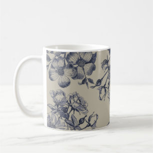 Mug Motif floral botanique toile bleue vintage antique