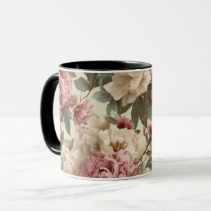 Mug Motif floral crème de pivoine rose vintage