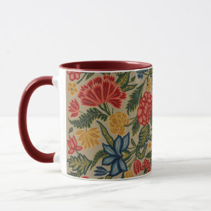 Mug Motif floral en broderie laine vintage rouge et or