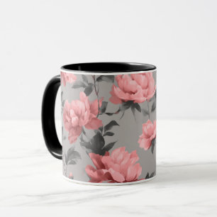 Mug Motif floral gris rose poudré romantique de pivoin