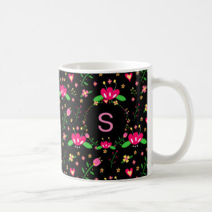Mug Motif floral occupé sur monogramme noir