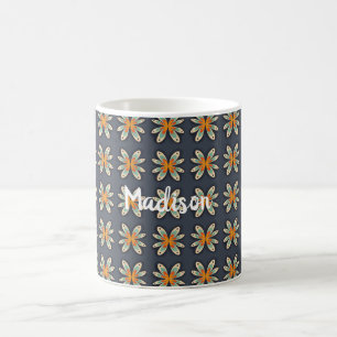 Mug Motif Floral Rétro Orange Bleu Marine Personnalisé