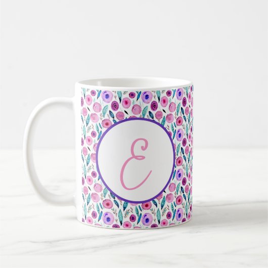 Mug Motif floral rose et violet monogramme (Gauche)