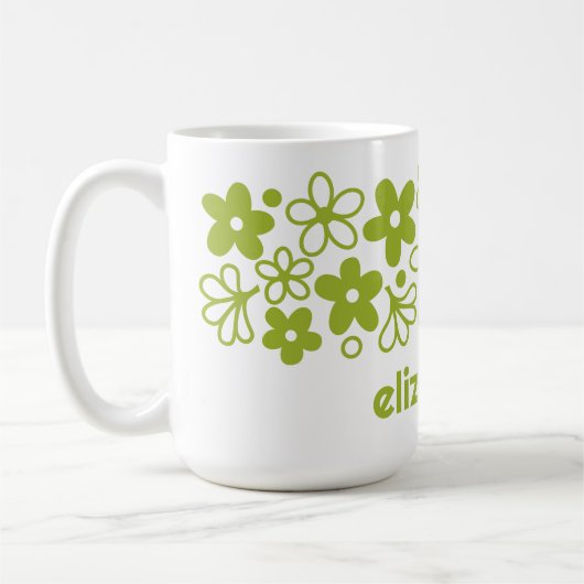Mug Motif fou de marguerite en vert printemps avec nom (Gauche)