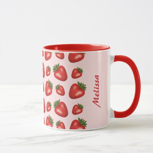 Mug Motif Fraise Rouge Sur Rose Avec Nom Personnalisé (Droite)