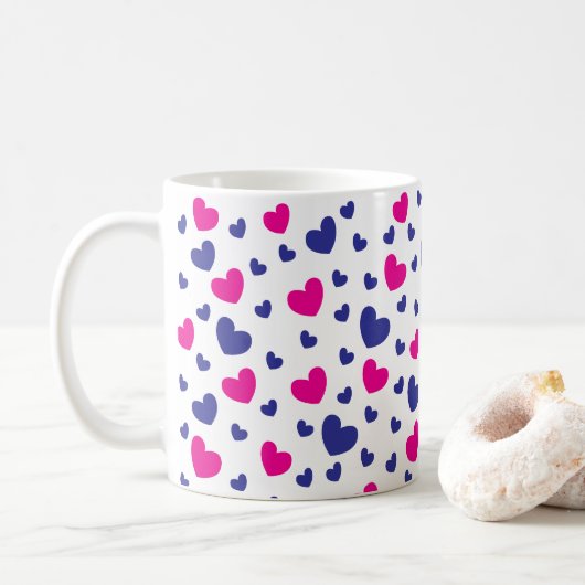 Mug Motif Heureuse Sainte-Valentin Blue Pink Hearts (Avec donut)