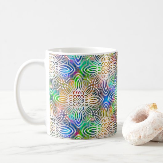 Mug Motif Mandala Blanc Sur Des Tons Bijoux Colorés (Avec donut)