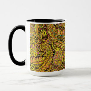 Mug Motif Paisley en jaune, marron sur fond noir