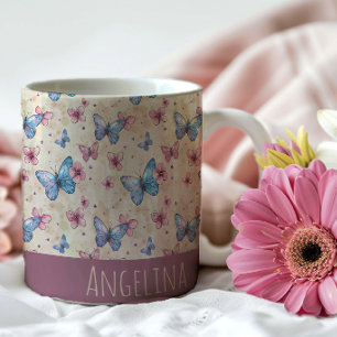 Mug Motif papillon rose aquarelle bleu nom