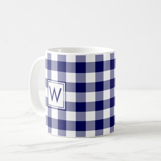 Mug Motif plaqué En vichy bleu blanc avec Monogramme (Devant gauche)