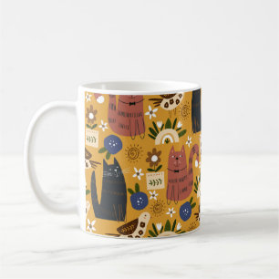 Mug Motif sans couture avec chats mignons et oiseau. t