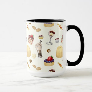 Mug Motif sucré avec des desserts variés.