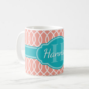 Mug Motif Turquoise Monogramme rose blanc élégant