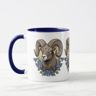 Mug Mouflons à cornes avec des fleurs d'Aquilegie bleu