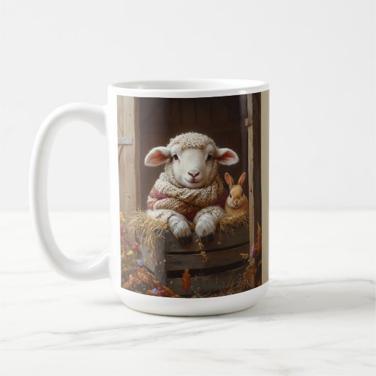 Mug Moutons et lapin douillets en Grange avec Fleurs (Gauche)