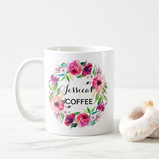 Mug, Mug Nom Personnalisé, Floral-2 (Avec donut)