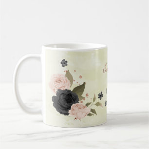 Mug muge café fleurs rose blush noir