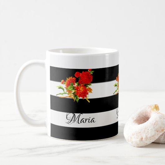 Mug Mugue à rayures noires et blanches florales (Avec donut)